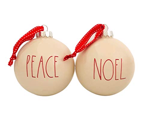 Rae Dunn Set of 2 White Ball Christmas Ornaments, Peace & Noel in Red Letters Ceramic Holiday Ornaments for Christmas Tree with Red Hanging Ribbon