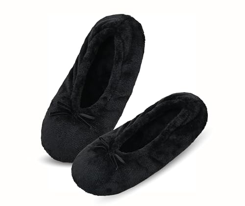 Keyela Women's Ballerina House Slippers with Soft Tie Bow and Suede Sole, Non-Slip Bedroom Slippers Socks