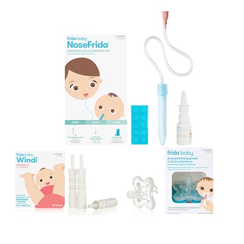 Frida Baby Hilfe-Set Plus bei Bauchweh & Schnupfen | Windi Blähhilfe 10 Einweg-Röhrchen | + Nasensauger inkl. 10 Hygienefiltern und 20ml Nasenspray | + Medi Schnuller Medizinspender in Schnullerform