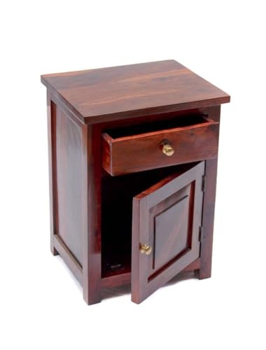 Image of Solid Sheesham Wood Bedside Table for Bedroom | Handmade Pure Wooden Bed Side Nightstand End Table with 1 Drawers & 1 Open Shelf Storage for Home & Bed Room | Rosewood, Honey Brown