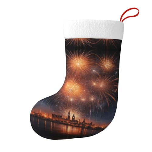 WHJSHOP Brillante lluvia de fuegos artificiales con impresión de Navidad calcetines decorativos para guardar tarjetas de regalo, dulces, juguetes pequeños