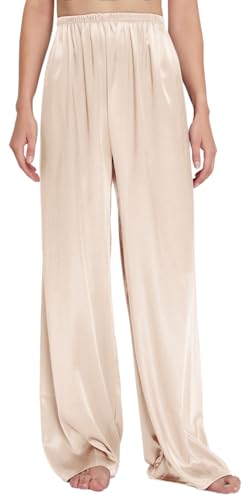 ZEEREE Womens Wide Leg Pajama Pants Satin Silk Long Sleep Trousers Loose Elastic Waist Lounge Pants Pj Bottoms With a Pocket, Champagne, 3X-Large