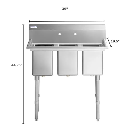 Image of Empura 39 inch Wide Stainless Steel Three Compartment Commercial Sink | Prep Utility 10 inch x 14 inch Bowl for Restaurant Laundry | 3.5 inch Drain Basket, 9.75 inch Backsplash, 39 inchW x 19.5 inchD x 44.25 inchH, 16 Gauge, NSF
