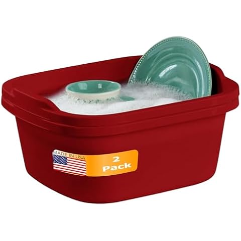 Tribello 2-Pack Dish Pans for Kitchen Sink, Plastic Tub Dishpan Wash Basin and Foot Bath for Soaking Feet, Wash Bucket for Washing and Storage Cleaning Supplies - 12 Quarts - Heavy Duty - (Red) Cover