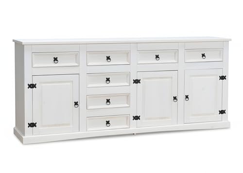 Dynamic24 Hacienda-Look – Sideboard New Mexiko 7+3 Anrichte Buffet Schrank Kommode weiß gewachst – 200x84x44 cm – 7 Schublade(n) – Massive Kiefer – Farbe Weiß – Hacienda-Stil – wärmender