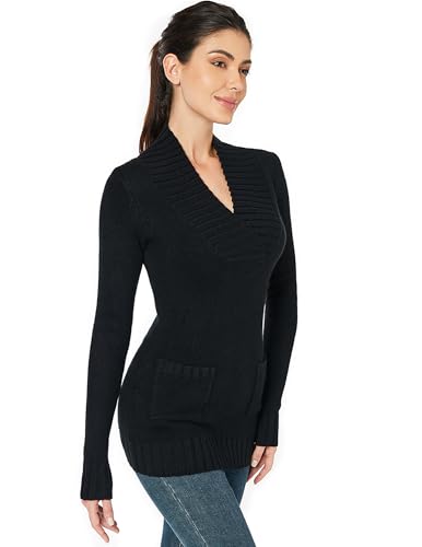 Image of AmelieBoutik Women Long Sleeve Casual Ribbed Neckline Knit Winter Pullover Sweater with Pocket(Black X-Large)