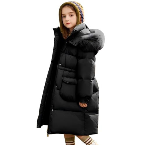 Tilozs Winterjacke Mittlere Länge Wintermantel Mädchen Steppjacke Kinder Kapuzenjacke Steppjacke Winddicht Daunenjacke Gürtel Parka Jacke, Schwarz, 146(Herstellergröße: 150)