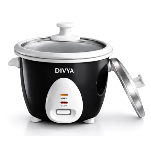 Image of DIVYA 0.6 L Drum Electric Rice Cooker for Home | 300 W | Double Pot Anodised Aluminium | Glass & Stainless Steel Lid | Cook & Keep Warm Function | Compact Rice Cooker | Black