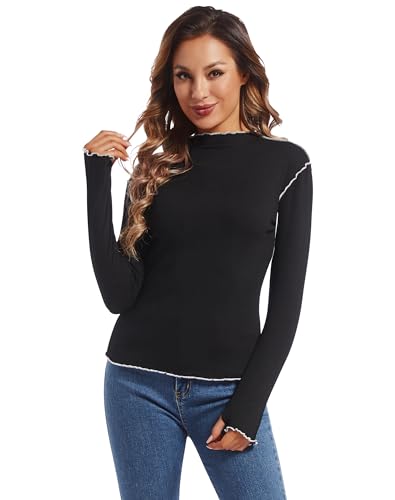 MANCYFIT Womens Turtleneck Long Sleeve Mock Neck Tops for Women Thermal Underwear Tops Ribbed Lettuce Trim Warm Undershirt Black Small