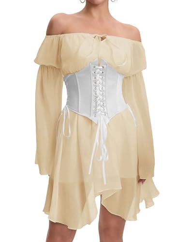 Image of Womens Corset Dress Off Shoulder Bell Sleeve Casual Party Pirate Fairy Dress Set