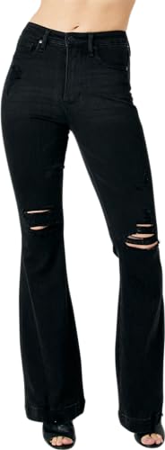 Judy Blue Women's High-Rise Tummy Control Destroy Black Flare Jeans 88622 (Black, 16 Plus)