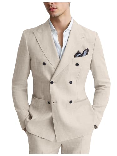 Mens Suits Linen 2 Piece Suit for Men Peak Lapel Slim Fit Suits Set Double Breasted Tuxedos for Wedding Prom