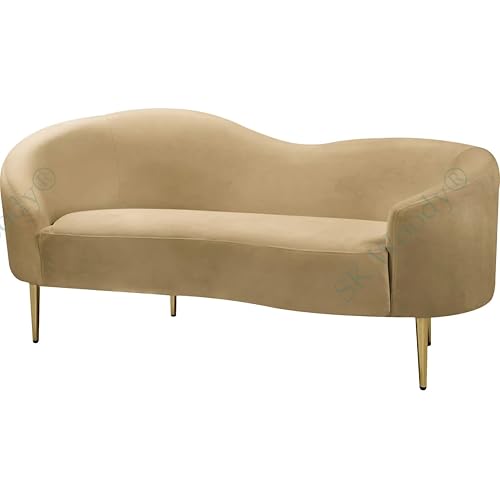 Image of Rosewood Luxury Curved Sofa in Premium Velvet-Fabric | Solid Wood Structure | High Density Foam | Sturdy Golden Legs | Comfortable & Stylish Couch for Modern Living Room (Camel, 2 Seater)