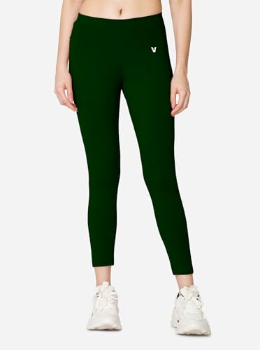 Image of VSTAR PL02 Women Ankle Length Stretchable Slim Fit Leggings with Secured Side Pocket | Moisture-Wicking | Soft Waistband & Cotton-Elastane Fabric | L | Bottle Green