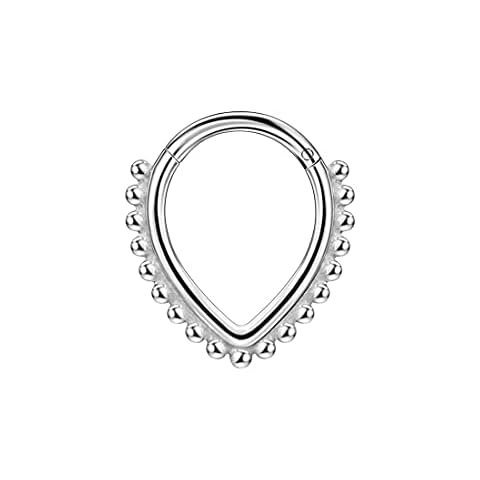 316L Surgical Steel Septum Jewelry 16g Septum Rings for Women Teardrop Septum Clicker Silver Septum Ring 16 Gauge 8mm Beaded Daith Piercing Jewelry Triangle Septum Ring Cover