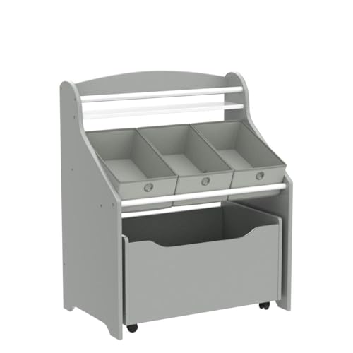 Humble Crew 3-in-1 Kids Bookshelf and Toy Storage Organizer, Grey - Toddler Organizers with Rolling Toy Box and 3 Fabric Bins – Sturdy Baby Book Shelf, Perfect for Nursery and Playroom