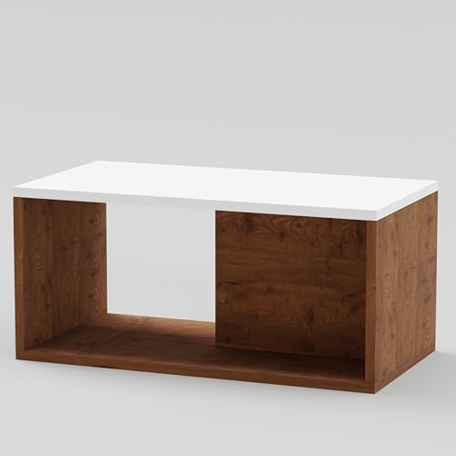Image of Modern Coffee Table with Storage Shelf | Space Saving Center Table for Living Room | Engineered Wood Tea Table | Easy Assembly | Home & Office Use, Color-Cherry Pine & White, Size-90x50x45Cm