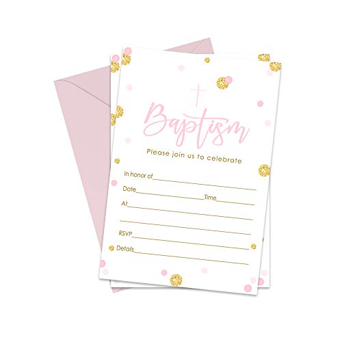Girls Baptism Invitations with Pink Envelopes (15 Pack) Fill in Styled Invites