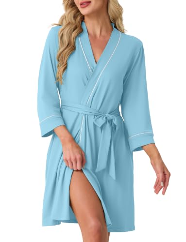 Image of PrinStory Womens Robe Knee Length Soft Knit Bathrobe S-2XL | V-Neck 3 /4 Sleeve Robes with Pockets, Lightweight, Breathable Bath Robe for Shower, Spa, Travel, Home, Party, Nursing