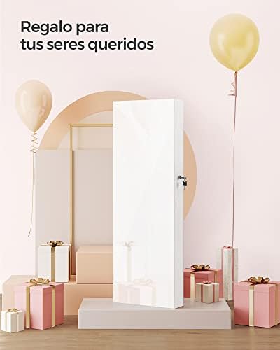 SONGMICS Armario Joyero, Espejo Joyero Montado en la Pared o en la Puerta, Espejo Colgante con Cerradura, 2 Organizadores de Maquillaje de Plástico Extraíbles, Idea de Regalo, Blanco JJC001W01
