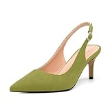 GUAVAIVY Women's Buckle Slingback Pumps, Pointed Closed Toe Mid Stiletto Heels, Slip On Fashion Solid Suede Working Wedding Dress Shoes for Women Olive Suede Size 8