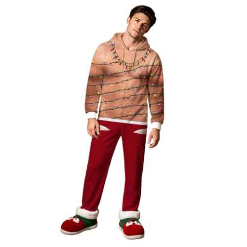 Ugly Christmas Onesie Men 3D Fake Body Print Hooded Full Zip Jumpsuit - image 1