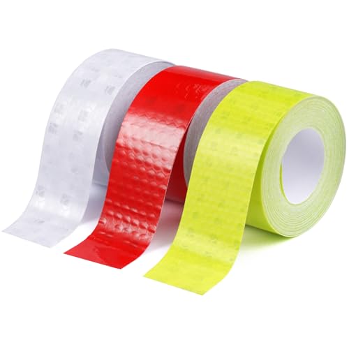 3 Stuks Hoge Zichtbaarheid Reflectortape, 5m × 2.5cm Reflecterende Waarschuwingsband, Waterdichte Zelfklevende Reflector Tape voor Voertuigen, Auto, Aanhangwagens, Fietsen, Helmen(Rood, Geel, Wit)