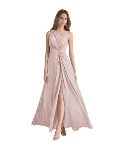 One Shoulder Chiffon Bridesmaid Dresses Long for Women with Slit Ruched Formal Prom Dress3