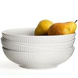 Artena Pasta Bowls 32oz, Ceramic Large Salad Bowls 8 inch, Striped Soup Bowls Set of 4, White Serving Bowls for Entertaining, Wide Shallow Dinner Bowls for Spaghetti, Microwave Dishwasher Oven Safe