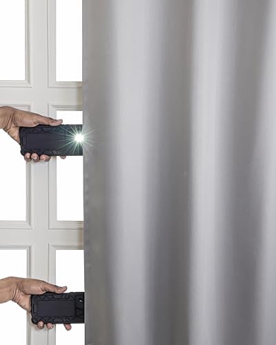 Image of The Home Story Pearl Grey Blackout Eyelet Long Door Curtains Set of 2, (9 Feet) 54 x 108 Inches, Room Darkening & Noise Reduction Curtains with Tiebacks