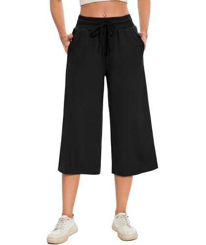 SAFORT Caprihose Damen Sporthose Damen kurz Weite Hose 3/4 Yoga Capri mit Taschen Sommerhose leicht für Alltag Freizeit, Schwarz, M