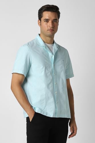 Image of Peter England Men's Casual Half Sleeve Resort Collar Shirt in 100% Cotton Seersucker with Striped Design