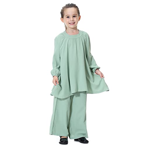 ODIZLI Kids Girls Muslim Islamic Two-piece Outfits Long Sleeve Ruffle Top and Loose Wide Leg Pants Arabic Outfits4