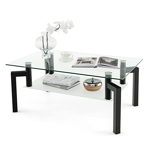 COSTWAY Table Basse Transparente en Verre trempé à 2 Niveaux, Table Basse Salon Moderne Rectangulaire à 4 Pieds en Fer, pour Salon, Salle de Séjour, 100 x 60 x 43 cm