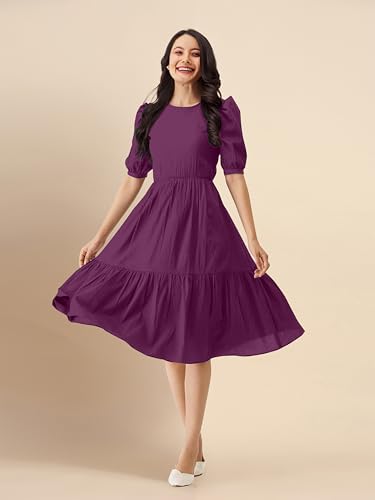 Image of TRENDMALLS Dress for Women Cotton Blend Round Neck Half Puff Sleeve Flared Pleated Midi Western Dress