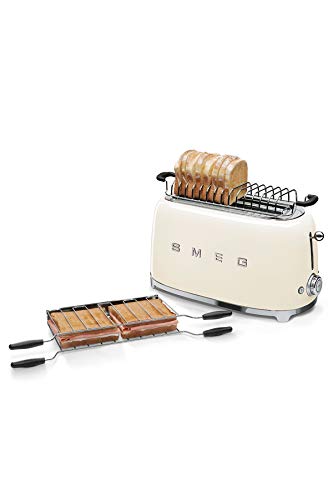 Image of Smeg Toaster, 2 Extra Wide Slot for 4 Slices, Original Italian Brand, Auto Center for Even Browning, Smart Crumb Tray, Multi-Use: Defrost, Reheat & Bagel, 6 Toast Levels, 1500W, TSF02CREU, Cream