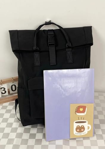 Image of Glowic Stylish Black Roll-Top Backpack for Men & Women | Lightweight, Water-Resistant, Spacious with Front Zipper Pocket | Ideal for Daily Use (WBAG-117)