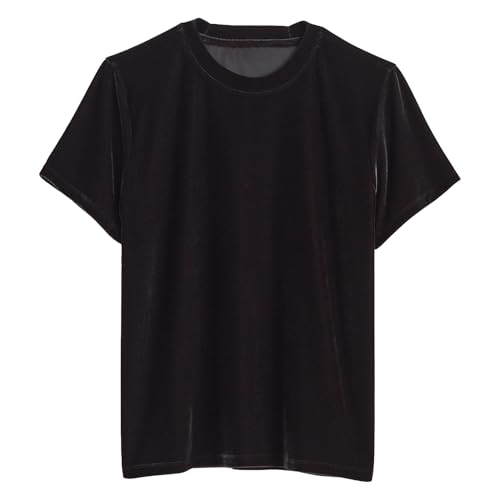 Songling Women Velvet Top Crew Neck Short Sleeve Tees Elegant Dressy Party T-Shirt Velour Pullover Tops(Black M)