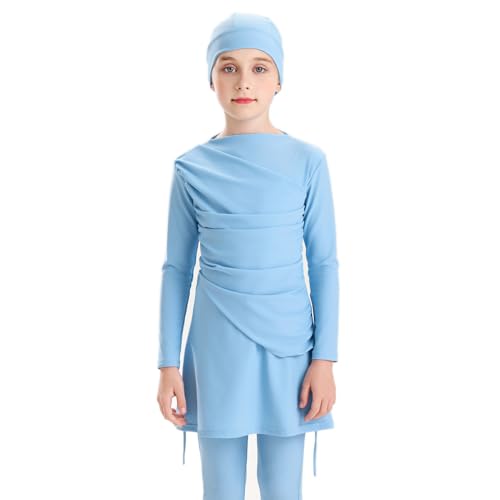 Image of Muslim Swimsuits for Girls Modest Swimwear Full Cover Hijab Burkini Islamic Top Pants Cap 3PCS Rash Guard Sets