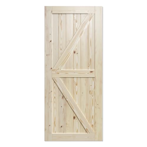 Image of SmartStandard 38in x 84in Sliding Barn Wood Door Pre-Drilled Ready to Assemble, DIY Unfinished Solid Spruce Wood Panelled Slab, Interior Single Door Only, Natural, K-Frame (Fit 6.6FT Rail)