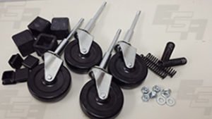 Rolling Ladder Complete Caster Kit, [for Square Tube]. Includes 4-Each: 3” Swivel Stem Casters, Black Springs, Rubber Tips and Plastic Plugs, Hex Stop Nuts and Washers