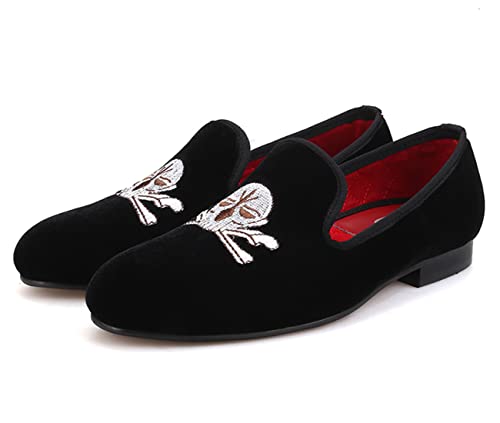 Santimon Mens Loafers Slip On Wedding Dress Velvet Penny Loafers Fashion Tuxedo Casual Business Luxury Suede Embroidery with Skulls Shoes Prom Smoking Party Disco Moccasins for Men3