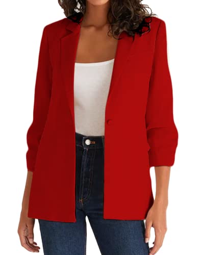 Mina Self Women's Blazers & Suit Jackets Casual 3/4Sleeve Tops Lapel Lightweight Button Red Womens Blazers For Work Professional Suit With Pockets #TOP1