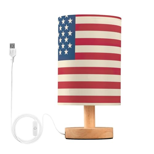 SDMKA United States Flag Bedside Table Lamp for Bedroom, Minimalist Nightstand Lamp with Round Fabric Shade for Living Room, Office, No Bulb Required