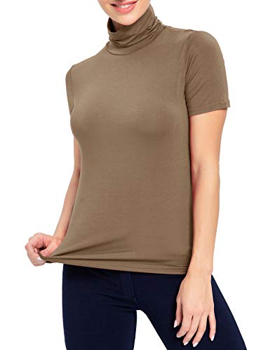 Image of AUHEGN Women's Long Sleeve Short Sleeve Lightweight Turtleneck Top Slim Fit Pullover T-Shirt (S-XXL)