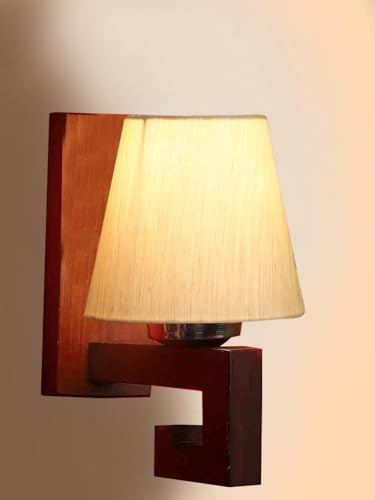 Image of Wall Lamp with Wood Base (H- 10.9 Inch, Off-white) Modern Wall Sconce for Bedroom /Living Room, Study Room, Home Office Decor | Decorative Indoor Lighting, Warm Ambient Night Lamp, Barrel Shape