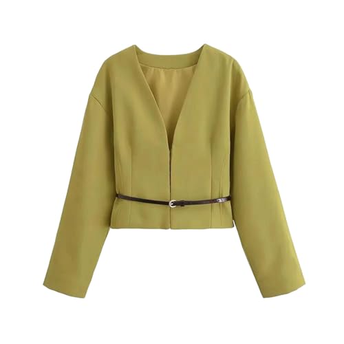 Womens Fitted Belted V Neck Blazer Coat Long Sleeve Tailored