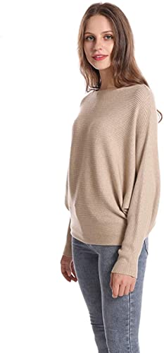 Fulier Boat Neck Batwing Sleeves Dolman Knitted Sweaters And Pullovers Tops For Women One Size (Khaki) #TOP2