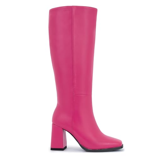 Image of Knee High Boots for Women - Wide Calf Boots with Zipper, Square Toe Tall Leather Boots, Chunky Heel Fashion Long Boots