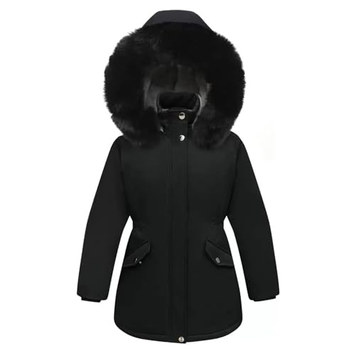 Winterjacke Mädchen mit Kapuze Kinderjacken Parka Warm Wintermantel Lange Steppjacke Winddicht Fleecefutter Verdickte Daunenjacke Winter Lang Stehkragen Kapuzenjacke mit Taschen (Black, 13-14 Years)